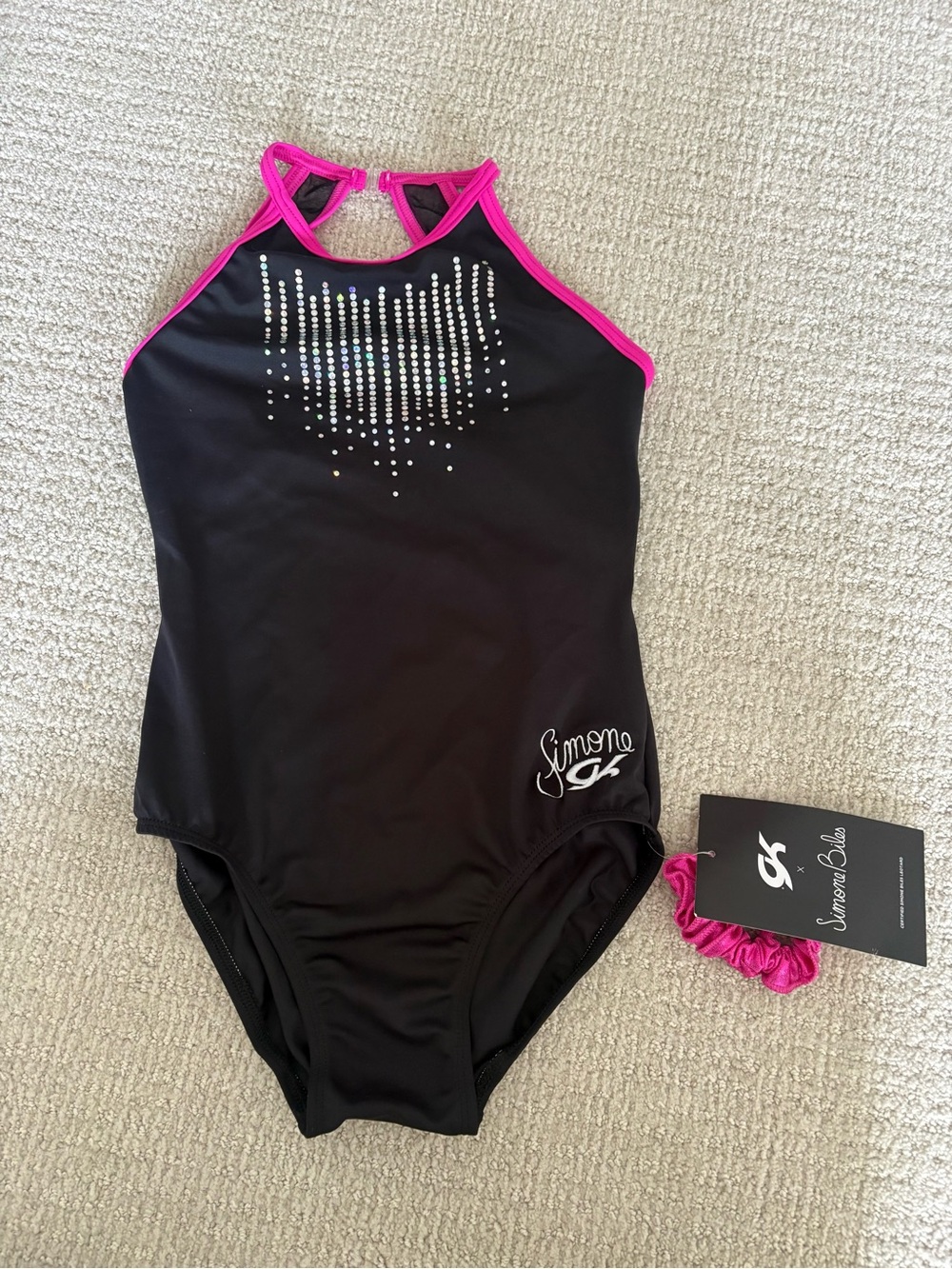 GK Black Girls' Bodysuit with Hot Pink Trim and Rhinestones